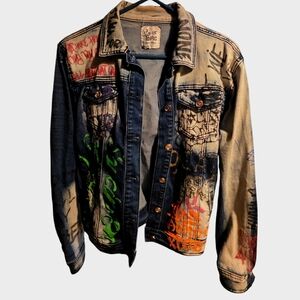 Blue Topic Graffiti Style Denim Jacket in Blue and Orange XL